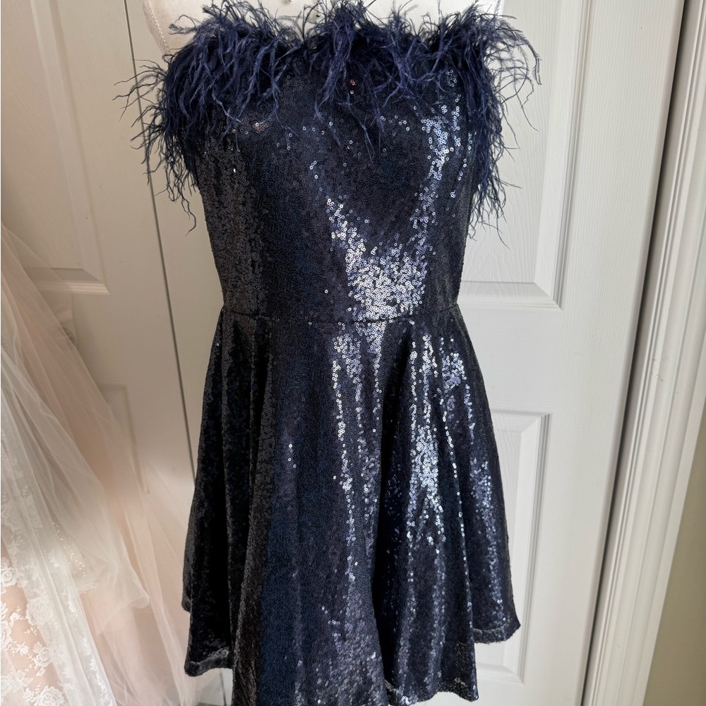 City Studio Navy Sequin Feather Trim Cocktail Dress
